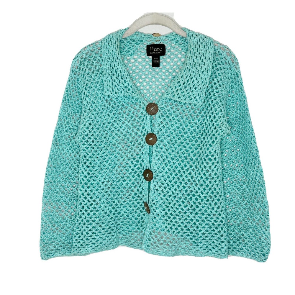 Pure Handknit Sweater XS Crochet Aqua Collared 100% Cotton Cropped